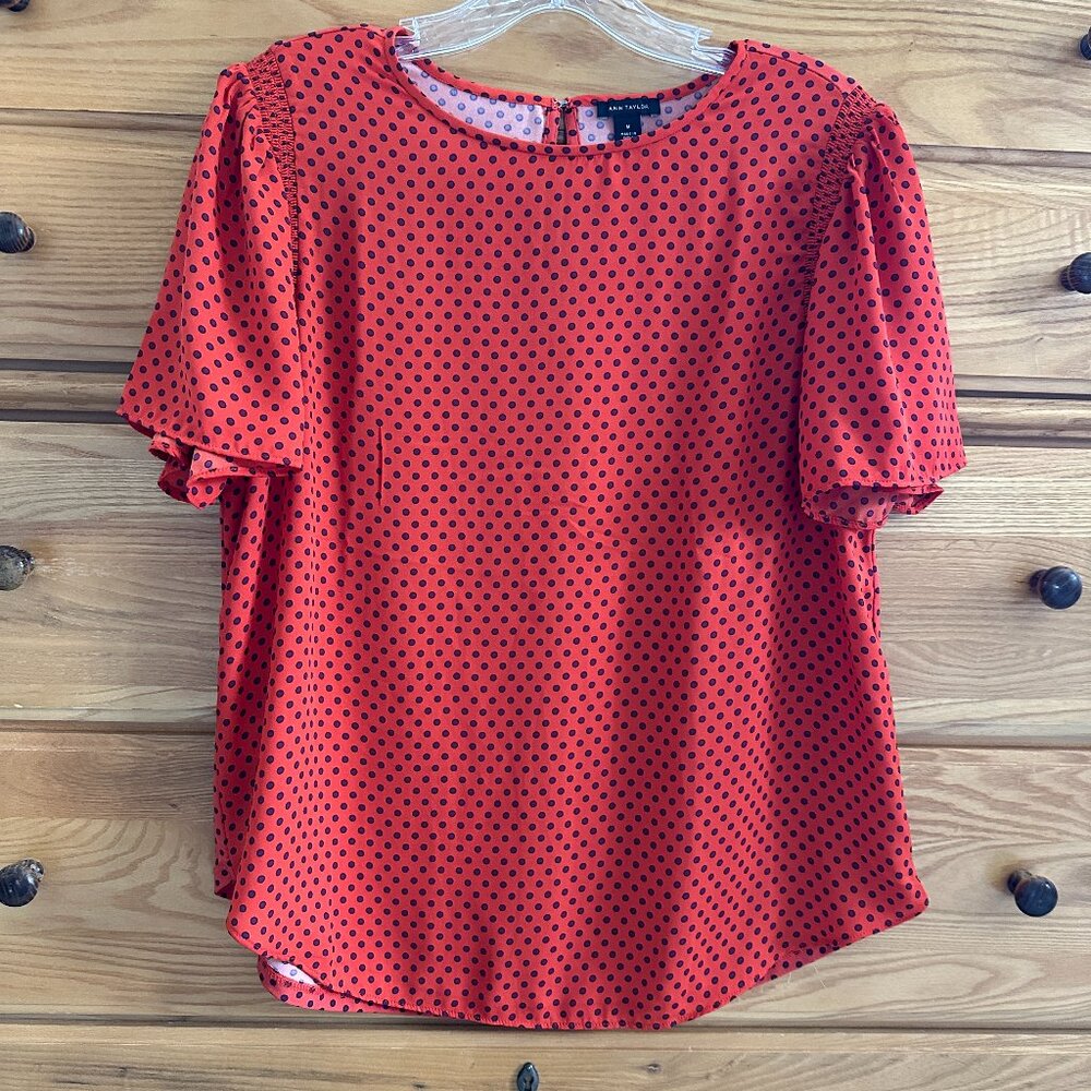 Ann Taylor Red/Burnt Sienna Blouse with Purple Dots EUC